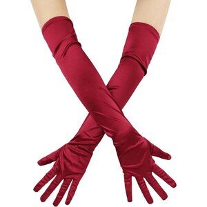 Women's Evening Burgundy Long Satin Gloves Elbow Length Formal Party Prom Wear
